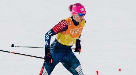 Kikkan Randall skies in the cross country 4x5m Relay at the 2018 Olympic Winter Games in PyeongChang